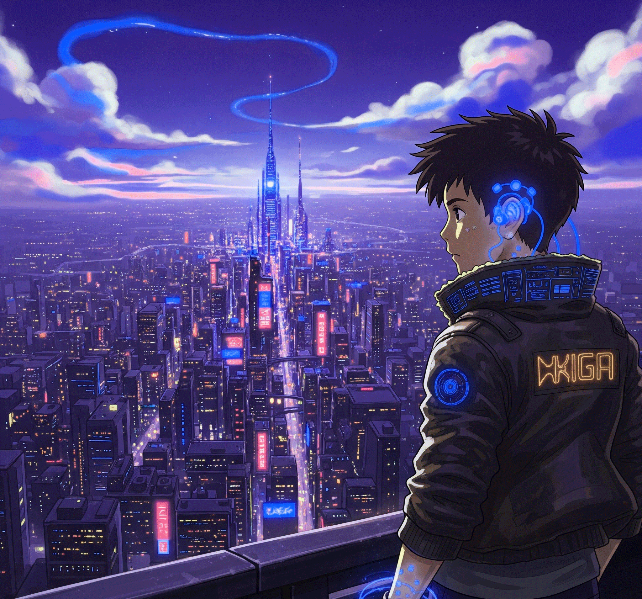 Cybernetic cityscape at night, illustrating the game's setting