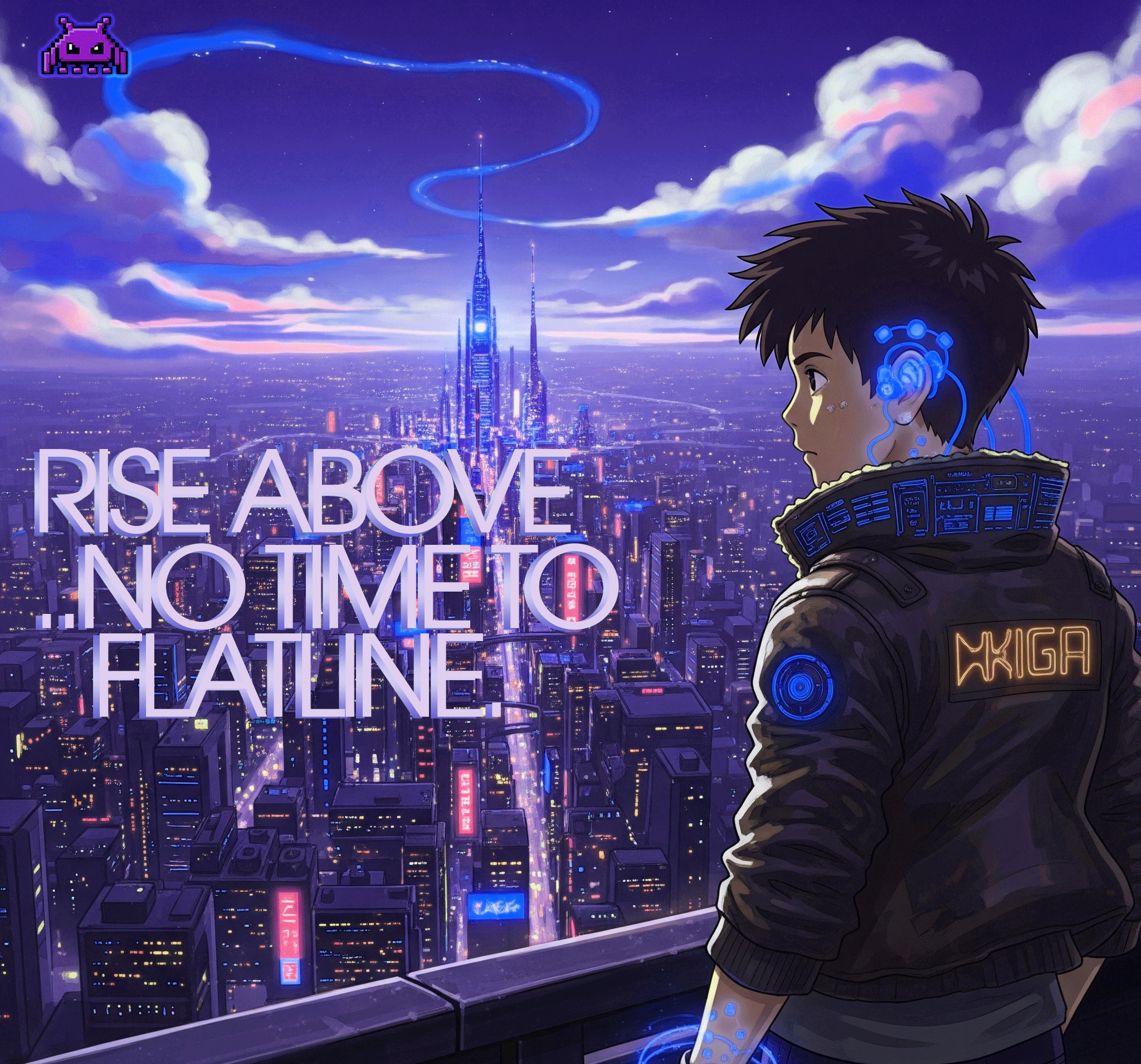 Screenshot from Grid Raid Heroes featuring a vibrant cyberpunk city